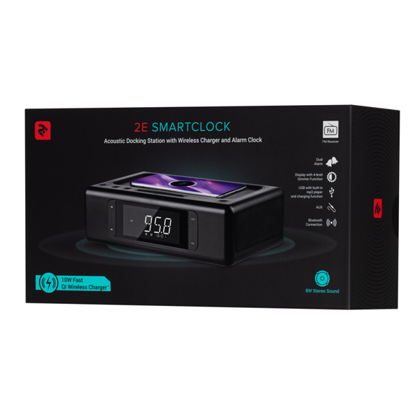 2E Audio System SmartClock Wireless Charging, Alarm Clock, Bluetooth, FM, USB, AUX Black 