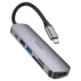 HOCO HB28 Type-C multi-function converter(HDTV+USB3.0+USB2.0+SD+TF+PD) metal gray