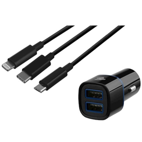 2E Car Charger dual USBx2.1A + Cable 3 in 1 (USB--Micro/Lightning/Type C)