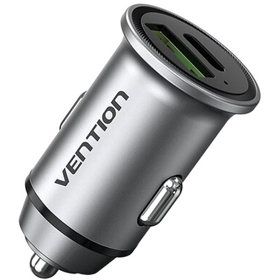 VENTION FFBH0 Two-Port USB A+C(18/20) Car Charger Gray Mini Style Aluminium Alloy Type