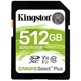 Flash Card/ Kingston 512GB SDXC Canvas Select Plus 100MB/s Read Class 10 UHS-I U1 V30 Memory Card (SDS2/512GB)
