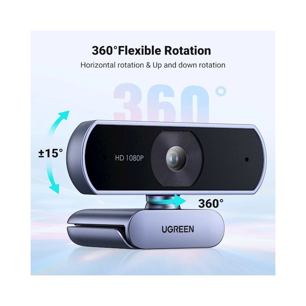 ვებკამერა UGREEN 15728, 2Mp, FHD, Built-in Microphone, Webcam, Gray/Black
