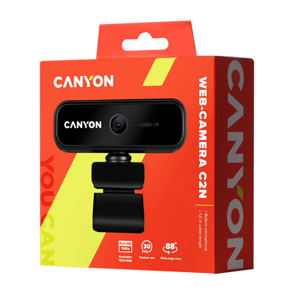 Web Camera/ CANYON C2N, 1080P full HD 2.0Mega fixed focus webcam with USB2.0 connector, 360 degree rotary view scope, built in MIC