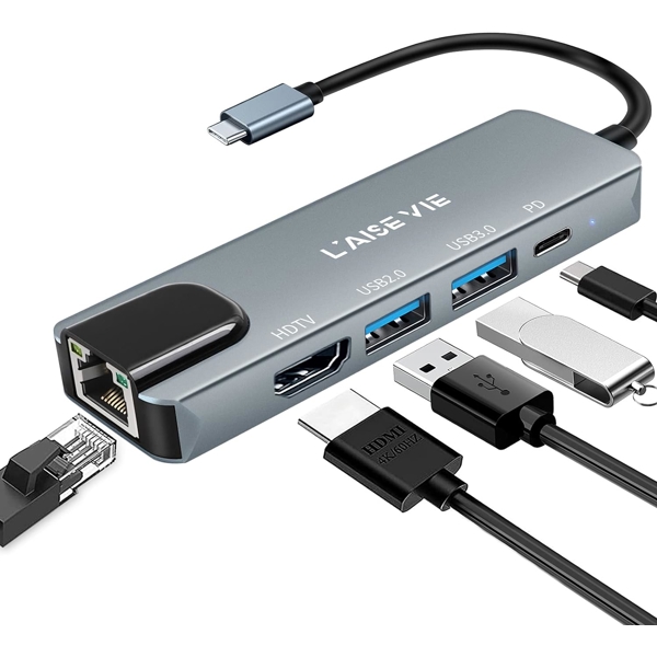 USB C Hub, 5 in 1 USB C 4K@32Hz HDMI Adapter with Ethernet Port, 100W Power Delivery PD Type C Charging Port,
USB 3.0& 2.0  