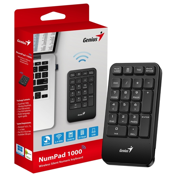 NumPad 1000,Genius, 2.4GHz Wireless Numeric Keypad Portable Numberpad with Palm Rest BLK,