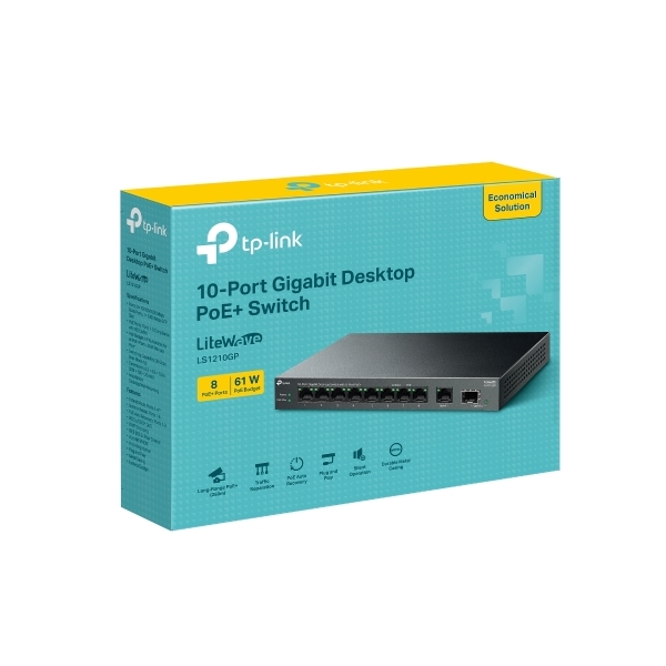 ქსელის გამანაწილებელი LS1210GP, TP-Link, 9-Port Gigabit Desktop Switch with 8-Port PoE+, 1× Gigabit SFP Port,61 W