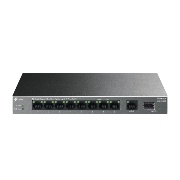 ქსელის გამანაწილებელი LS1210GP, TP-Link, 9-Port Gigabit Desktop Switch with 8-Port PoE+, 1× Gigabit SFP Port,61 W