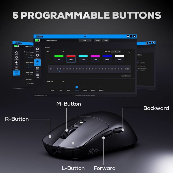 მაუსი Royal Kludge RKM3, Wireless, 2.4GHz, Bluetooth, USB, Gaming Mouse, Black