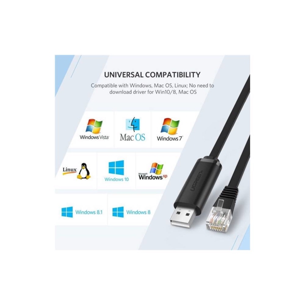 USB LAN კაბელი UGREEN CM204 (50773), USB to RJ45 Console Cable, 1.5m, Black