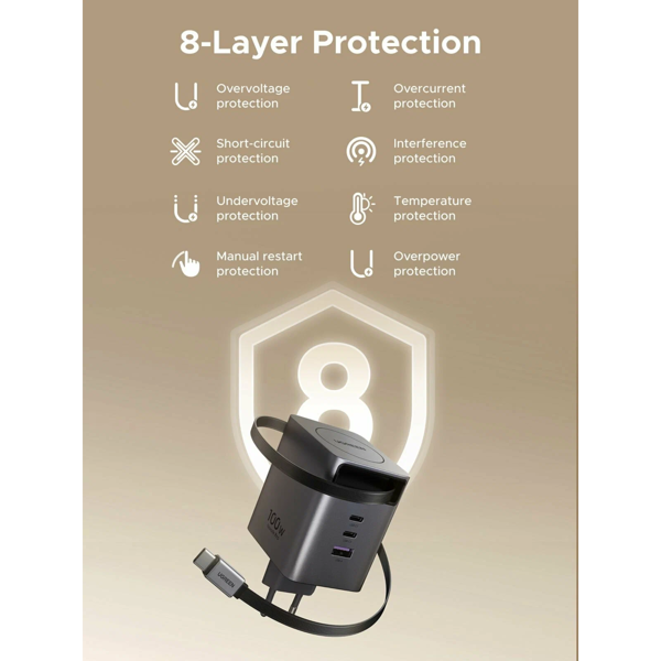 მობილურის დამტენი UGREEN X616 (65828), 100W, GaN Fast Charger with Retractable Cable, Grey