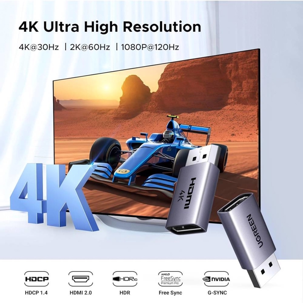 ადაპტერი UGREEN DP130 (55935), 2Pcs, 4K DisplayPort to HDMI Adapter, Grey