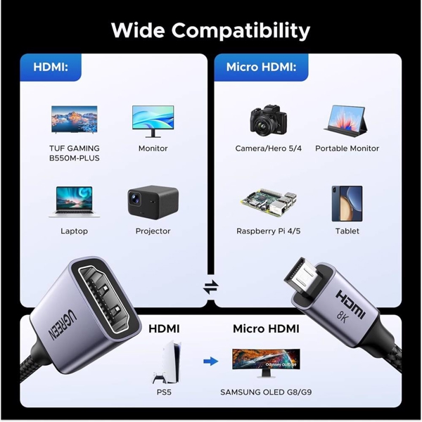 ადაპტერი UGREEN HD182 (65593), 8K Micro HDMI to HDMI Cable, 20cm, Grey/Black