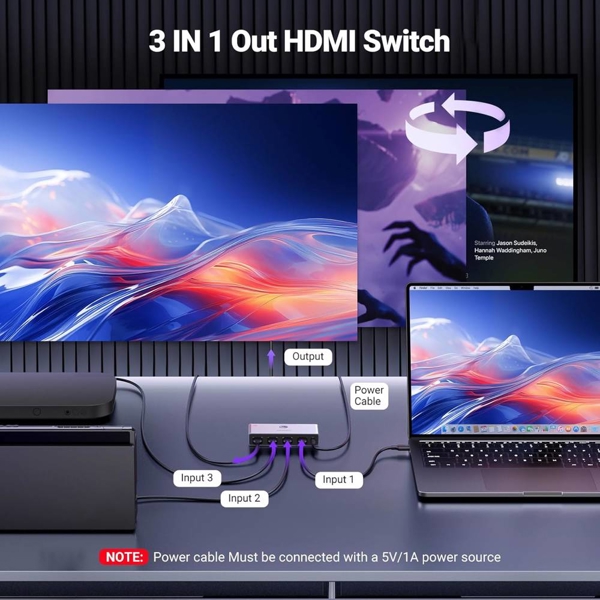სვიჩი UGREEN CM624 (15604), 8k60hz HDMI 2.1 Switch With 1.5m Usb Power Cable, Grey