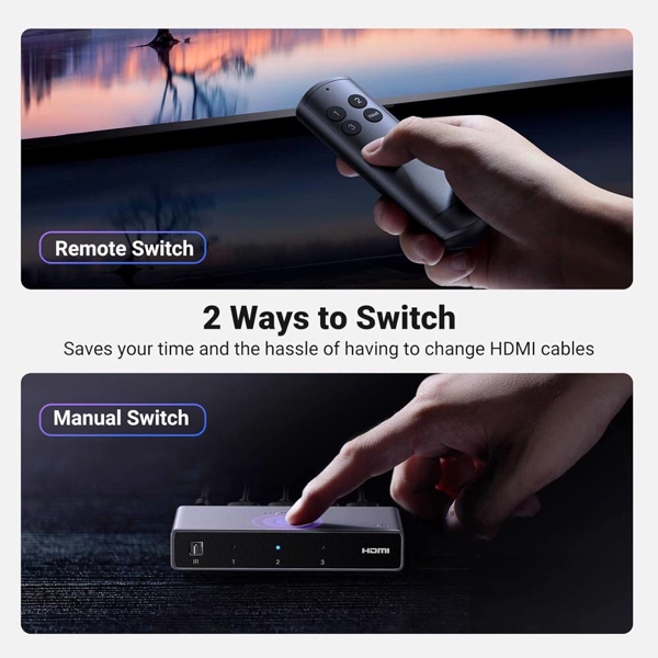 სვიჩი UGREEN CM624 (15604), 8k60hz HDMI 2.1 Switch With 1.5m Usb Power Cable, Grey