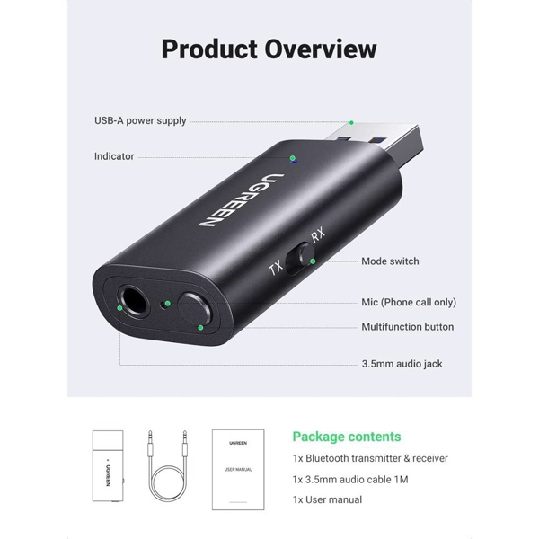 Bluetooth ადაპტერი UGREEN CM523 (60300), USB 2.0 to 3.5mm Bluetooth Transmitter/Receiver Adapter, Black