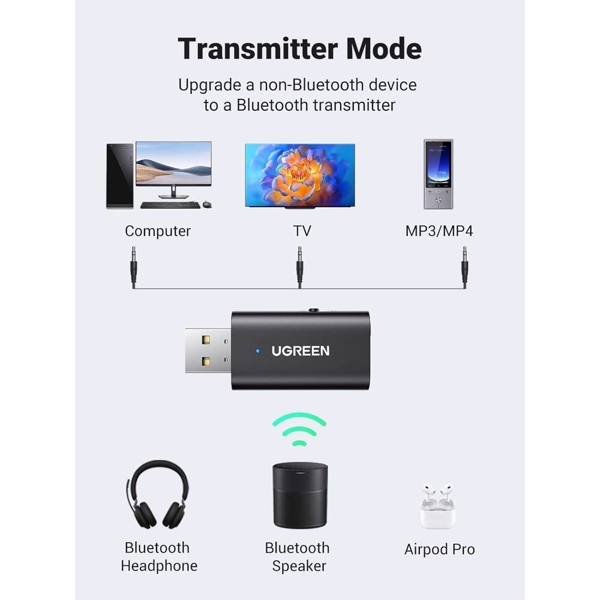 Bluetooth ადაპტერი UGREEN CM523 (60300), USB 2.0 to 3.5mm Bluetooth Transmitter/Receiver Adapter, Black