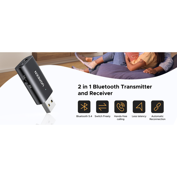 Bluetooth ადაპტერი UGREEN CM523 (60300), USB 2.0 to 3.5mm Bluetooth Transmitter/Receiver Adapter, Black