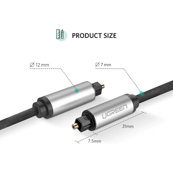 ოპტიკური აუდიო კაბელი UGREEN AV108 (10540), Toslink Optical Audio Cable, 2m, Black/Silver
