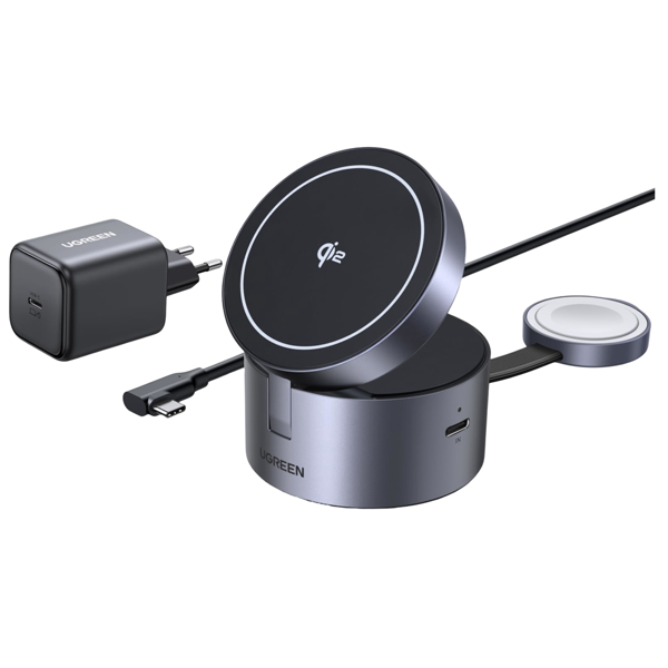 უსადენო დამტენი UGREEN W712 (65148) Magflow Qi2.2, 15W, 3in1 Wireless Charger, Grey
