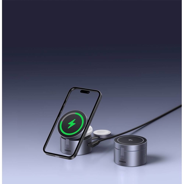 უსადენო დამტენი UGREEN W712 (65148) Magflow Qi2.2, 15W, 3in1 Wireless Charger, Grey