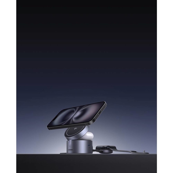 უსადენო დამტენი UGREEN W712 (65148) Magflow Qi2.2, 15W, 3in1 Wireless Charger, Grey