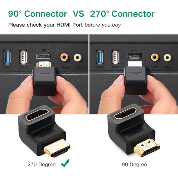 კუთხის HDMI ადაპტერი UGREEN HD112 (20110), HDMI 4K Adapter Male to Female Up-angled, Black