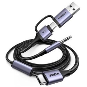 აუდიო ადაპტერი და დამტენი UGREEN CM772 (45009), 60W, 2-in-1 Audio Charger Adapter And AUX, 1.5m, Black/Grey
