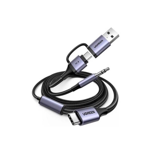 აუდიო ადაპტერი და დამტენი UGREEN CM772 (45009), 60W, 2-in-1 Audio Charger Adapter And AUX, 1.5m, Black/Grey