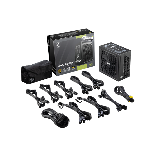 MSI PSU MAG A1000GL PCIE5 90%, 80 PLUS Gold, 135mm, 1xMB 24pin, 2xCPU(4+4 pin), 4xMolex, 12xSATA, 4xPCIe 8pin(6+2), 1xPCIe GEN5 16pin, Fully Modular