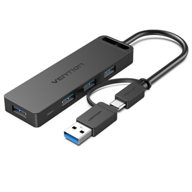 VENTION CHTBB 4-Port USB 3.0 Hub with USB-C & USB 3.0 2-in-1 Interface and Power Supply 0.15M ABS Type