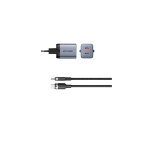 VENTION TZ-FCDH0-EU 2-Port USB (C + C) GaN Charger (45W/45W) Gray with USB-C to USB-C Cable (1M) Black EU-Plug