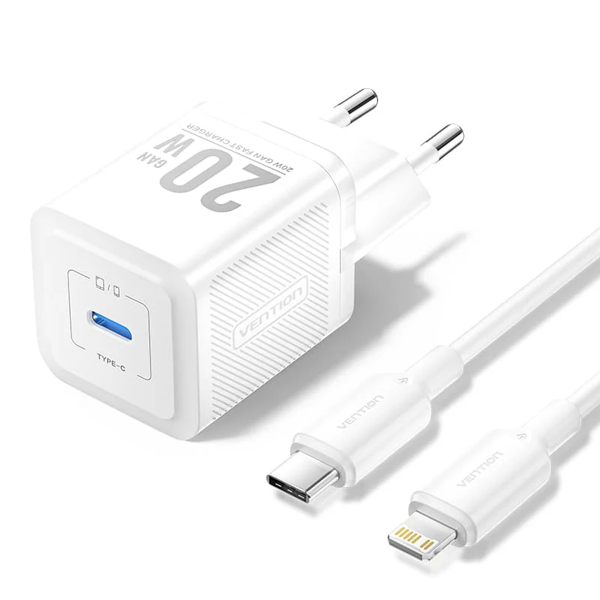 VENTION TZ-FEPW0-EU-02 1-Port USB-C GaN Charger (20W) with USB-C to Lightning Cable (1M) EU-Plug White