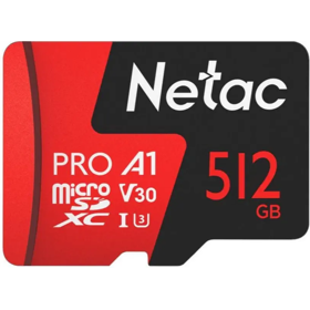 მეხსიერების ბარათი,  P500 Extreme Pro, NETAC, 512GB G-R V30/A1/C10 up to 100MB/s, retail pack with SD Adapter.