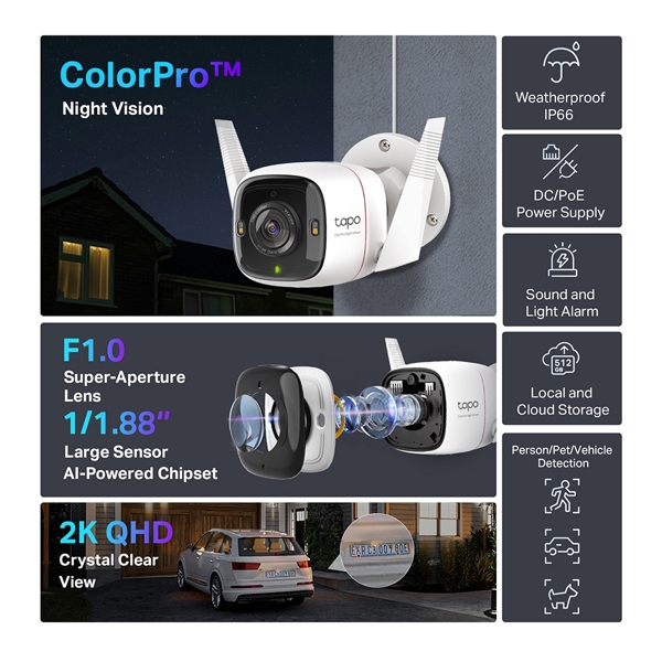 კამერა, Tapo C325WB, TP-Link,  გარე გამოყენების 2K გაფართოების  ღამის ხედვით და მოძრაობის სენსორით (Motion-alerts).