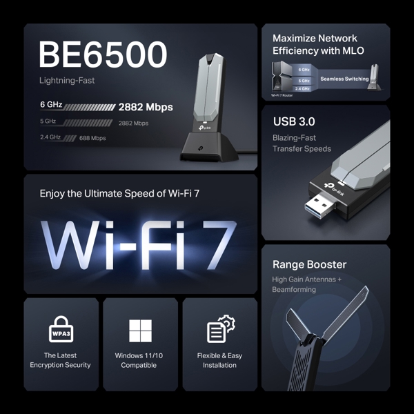 ადაფტერი, Archer TBE400UH, TP-Link, BE6500 Wi-Fi 7.