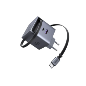მობილურის დამტენი UGREEN X615 (65825), 65W, Type-C, USB, GaN Fast Charger With Retractable Cable, Grey