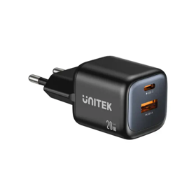 კვების წყარო, P1128A-EU, UNITEK, 20W 2-Port Wall GaN დამტენი. P1128ABK01-EU