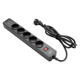 2Е Power strip with surge protector 5xType F, 3x1.5mm2, 16A, 3xUSB-A, 2m, white