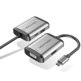 VENTION TFAHB Type-C to HDMI/VGA/USB3.0/PD Converter 0.15M Gray Metal Type